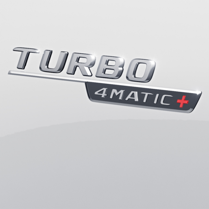 Mercedes-AMG Schriftzug Set "TURBO 4MATIC+" silberchrom Kotflügel vorne 