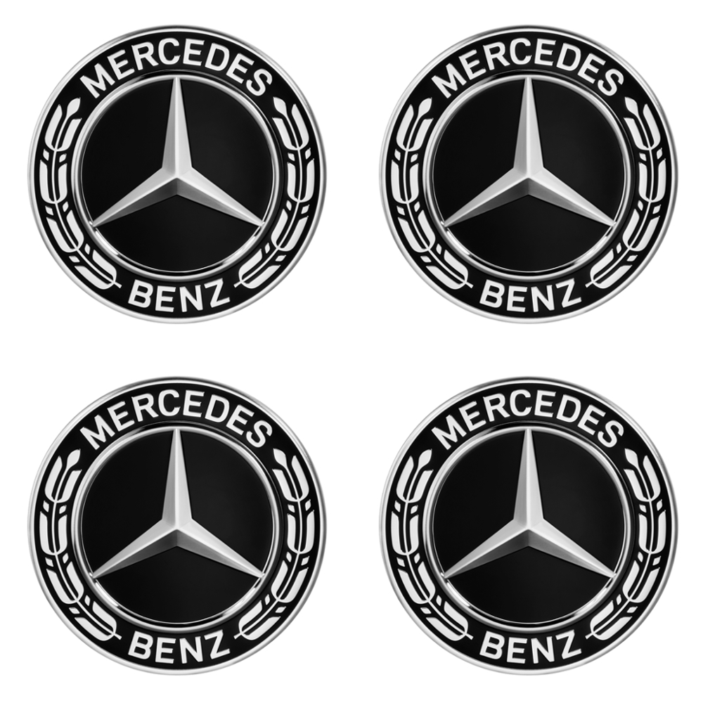 Mercedes-Benz, Mercedes-Benz Radnabenabdeckungen-Set Stern mit  Lorbeerkranz schwarz